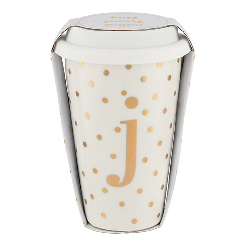 Initial White & Gold Travel Mug J Gold 15cm Mugs Candlelight   