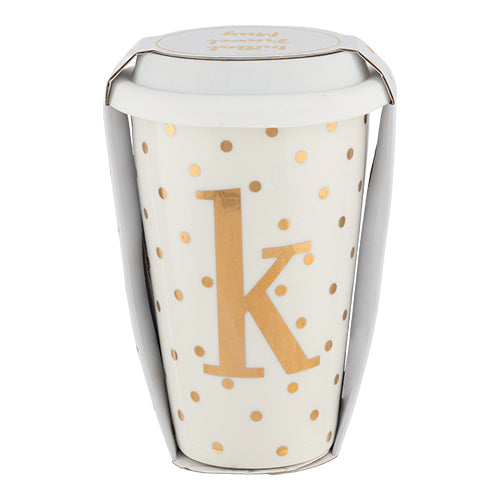 Initial White & Gold Travel Mug K Gold 15cm Mugs Candlelight   