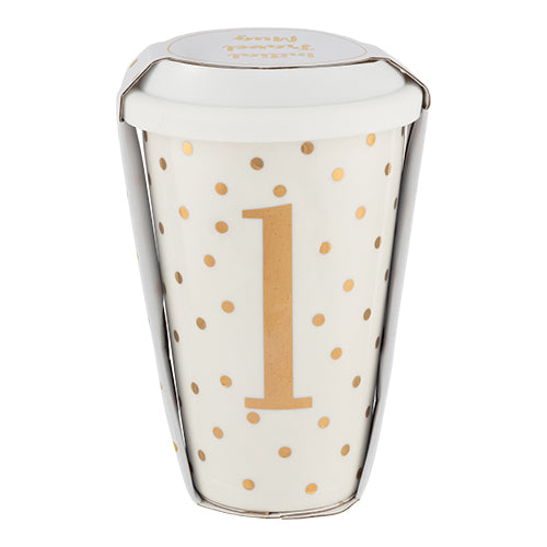 Initial White & Gold Travel Mug L Gold 15cm Mugs Candlelight   