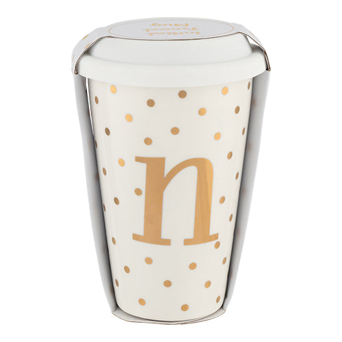 Initial White & Gold Travel Mug N Gold 15cm Mugs Candlelight   