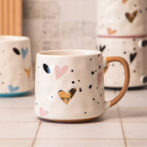 Luxury Ceramic Bone China Coffee Mug with Gold Heart Design 500ml Assorted Designs Mugs FabFinds