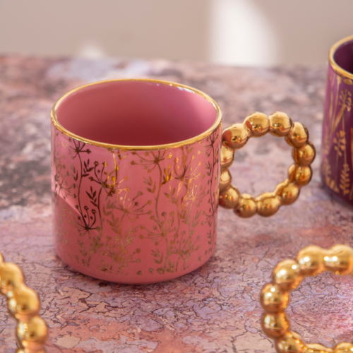Luxury Floral Ceramic Mug with Gold Beaded Handle 300ml Assorted Glazed Designs Mugs FabFinds