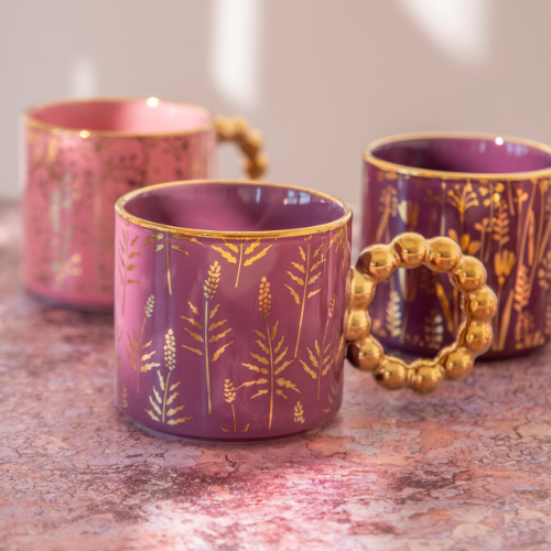 Luxury Floral Ceramic Mug with Gold Beaded Handle 300ml Assorted Glazed Designs Mugs FabFinds
