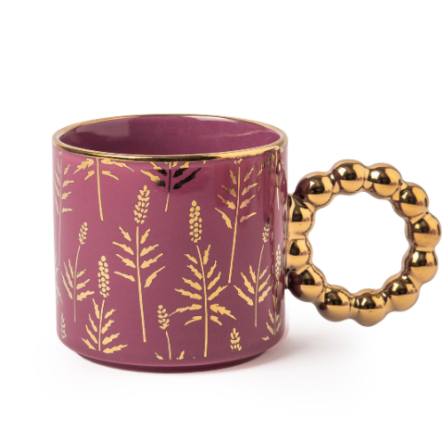 Luxury Floral Ceramic Mug with Gold Beaded Handle 300ml Assorted Glazed Designs Mugs FabFinds Deep Plum