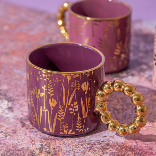 Luxury Floral Ceramic Mug with Gold Beaded Handle 300ml Assorted Glazed Designs Mugs FabFinds