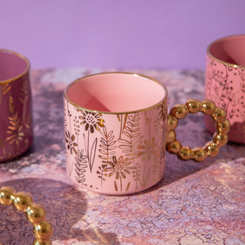 Luxury Floral Ceramic Mug with Gold Beaded Handle 300ml Assorted Glazed Designs Mugs FabFinds