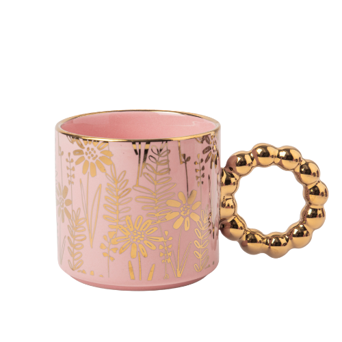 Luxury Floral Ceramic Mug with Gold Beaded Handle 300ml Assorted Glazed Designs Mugs FabFinds Soft Pink