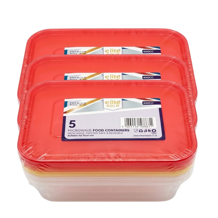 Elite 650cc Micro Container & Coloured Lids 5pk Food Containers Elite Pack of 3