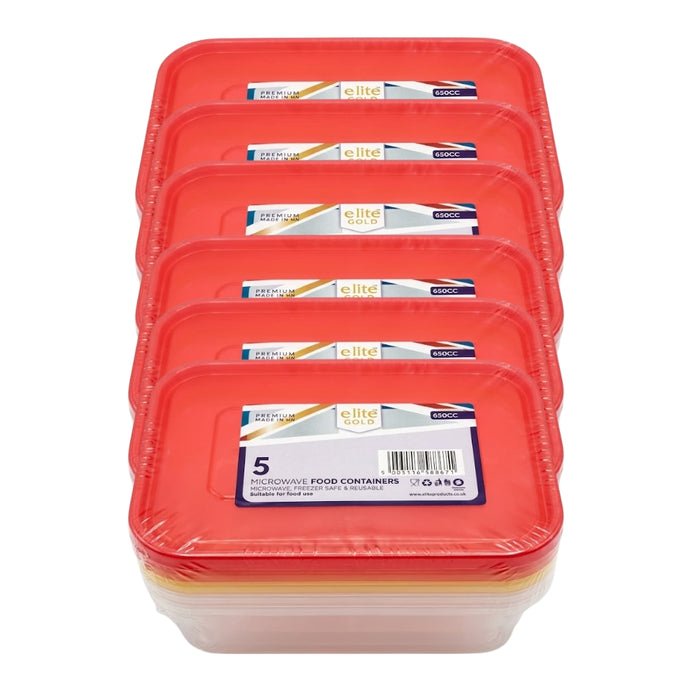 Elite 650cc Micro Container & Coloured Lids 5pk Food Containers Elite Pack of 6