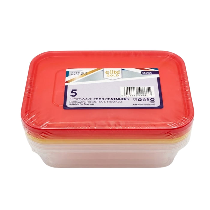Elite 650cc Micro Container & Coloured Lids 5pk Food Containers Elite Pack of 1