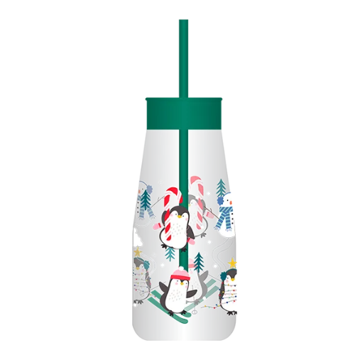 Kids Plastic Milk Jar & Straw with Christmas Print Drinkware FabFinds Penguin