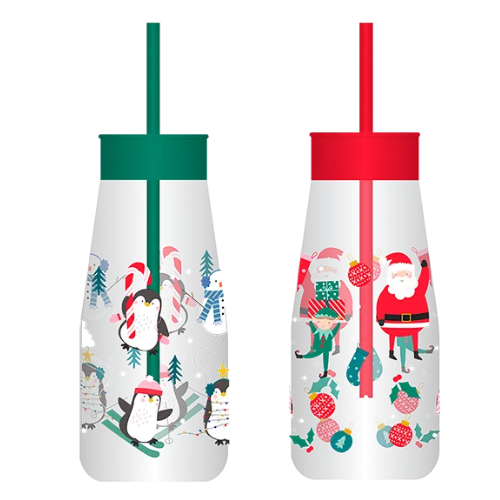 Kids Plastic Milk Jar & Straw with Christmas Print Drinkware FabFinds