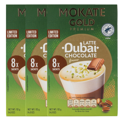 Mokate Gold Latte Dubai Chocolate Flavour 8 x Sachets 140g Limited Edition Coffee Mokate Pack of 3