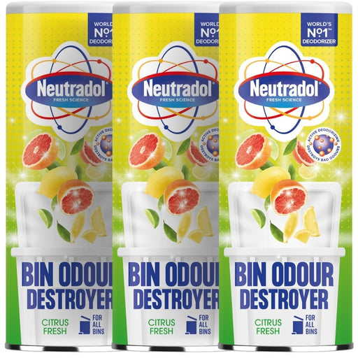 Neutradol Odour Destroyer Dustbin Powder Citrus Fresh 350g Assorted Packs Bin Cleaners & Accessories Neutradol Pack of 3