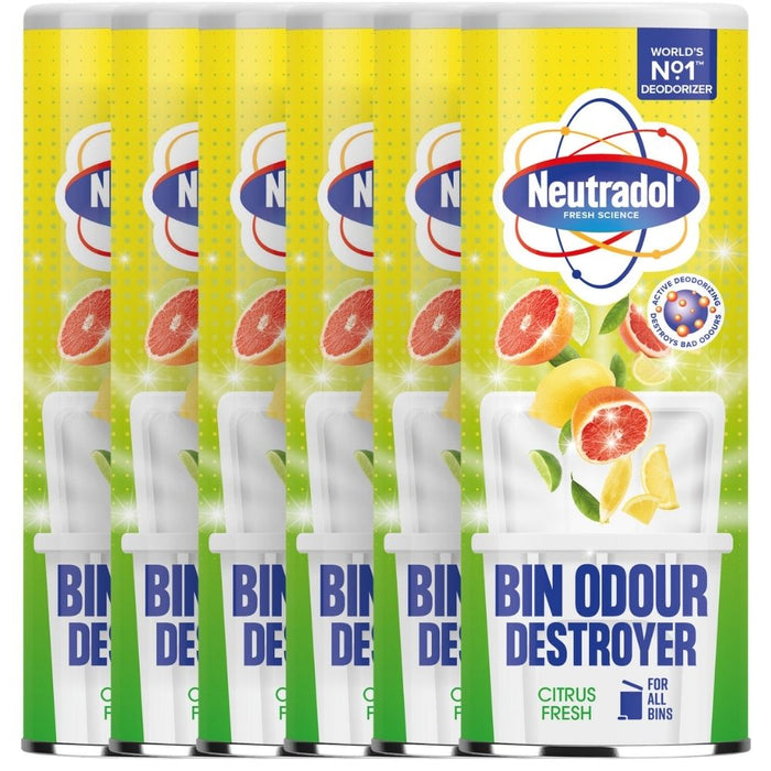 Neutradol Odour Destroyer Dustbin Powder Citrus Fresh 350g Assorted Packs Bin Cleaners & Accessories Neutradol Pack of 6