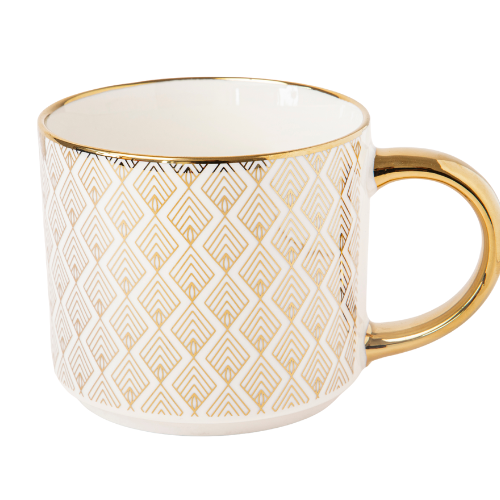Elegant Bone China Gold Handle Mug 490ml Assorted Designs Mugs FabFinds Geometric Diamond Pattern
