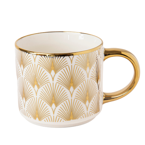 Elegant Bone China Gold Handle Mug 490ml Assorted Designs Mugs FabFinds Gold Deco Fan Pattern