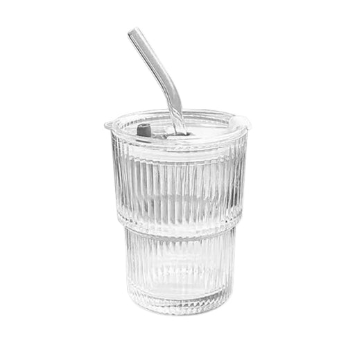 Ribbed Glass Cup With Straw and Lid 360ml Drinkware FabFinds