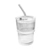 Clear ribbed glass tumbler with a matching clear lid and angled metal straw, shown on a plain white background.