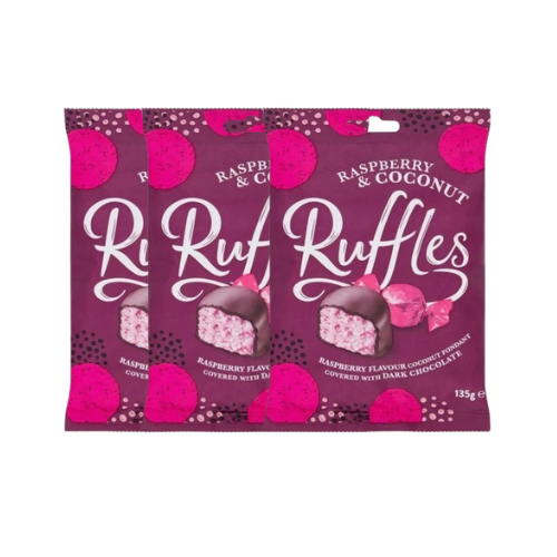Ruffles Raspberry & Coconut Chocolate Pouch 135g Assorted Packs Chocolate ruffles Pack of 3