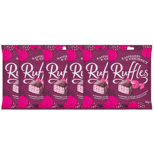 Raspberry Ruffles Back Label Ruffles Raspberry & Coconut Chocolate Pouch 135g - FabFinds