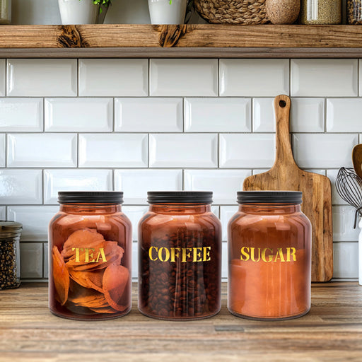 Vintage Amber Gold Glass Storage Jar Bundle 15.5cm (Sugar, Tea, Coffee) Kitchen Storage FabFinds