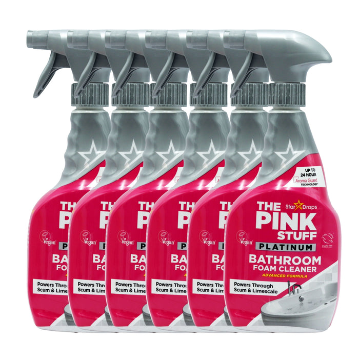 Six bottles of The Pink Stuff Platinum Bathroom Foam Cleaner arranged in a row on a white background.