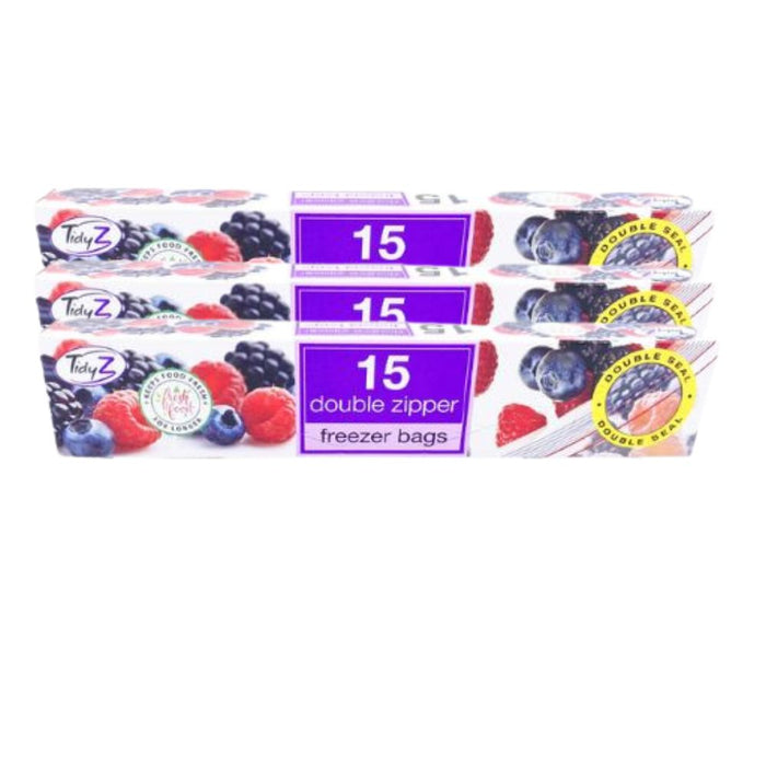TidyZ Double Zip Freezer Bags 15 Assorted Pack Food Storage Bags Tidyz Pack of 3