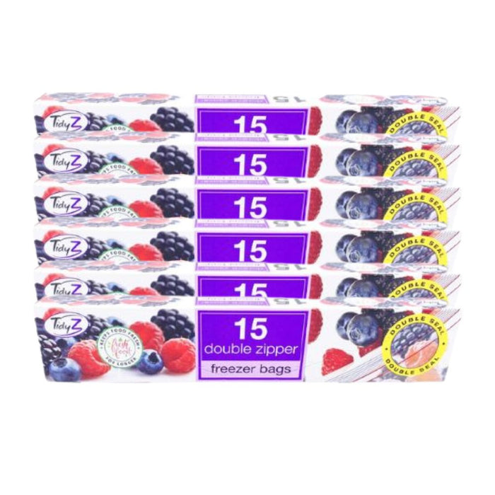 TidyZ Double Zip Freezer Bags 15 Assorted Pack Food Storage Bags Tidyz Pack of 6