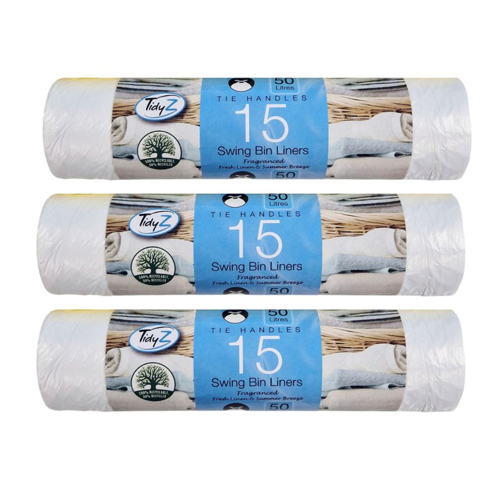 TidyZ Fragranced Swing Bin Liners 15 Pack Bin Liners Tidyz Fresh Linen & Summer Breeze Pack of 3