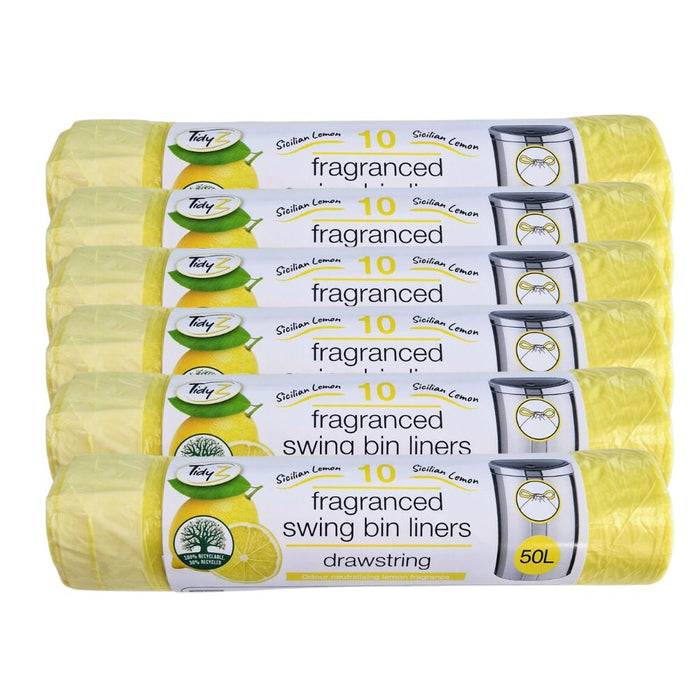 TidyZ Lemon Fragranced Swing Bin Liners 50L 10 Pack Bin Liners Tidyz Pack of 6