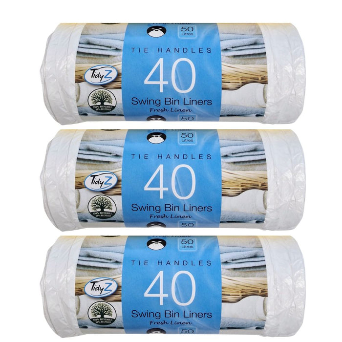 TidyZ Scented Tie Handle Swing Bin Liners 50L 40 Assorted Pack Bin Cleaners & Accessories Tidyz Fresh Linen Pack of 3