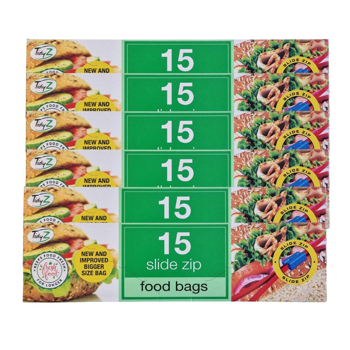 TidyZ Slide Zip Food Bags 15 Pack Food Storage Bags Tidyz Pack of 6