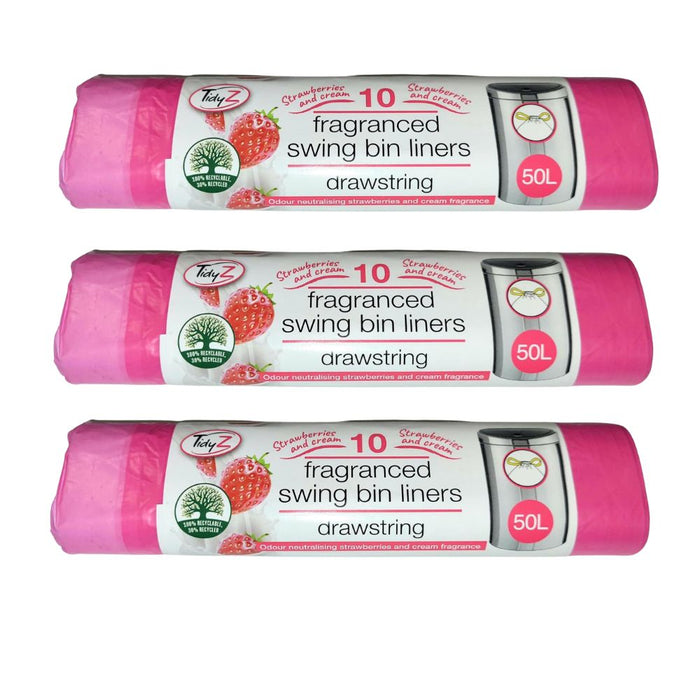 TidyZ Strawberry Fragranced Swing Bin Liners 50L 10 Pack Bin Liners Tidyz Pack of 3