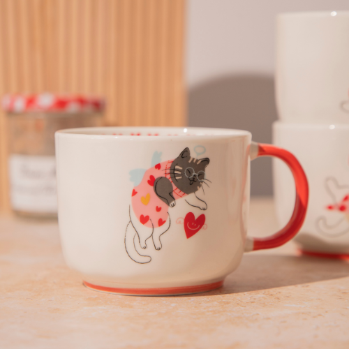 Cat Ceramic Mug 400ml Cartoon Cat Prints & Red Handles Assorted Designs Mugs Fabfinds