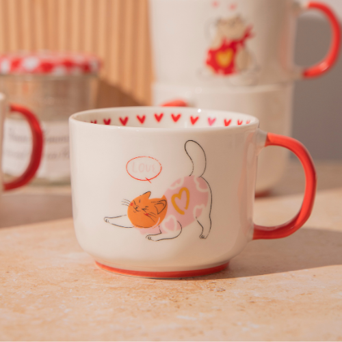 Cat Ceramic Mug 400ml Cartoon Cat Prints & Red Handles Assorted Designs Mugs Fabfinds