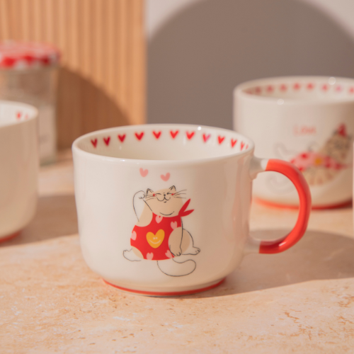 Cat Ceramic Mug 400ml Cartoon Cat Prints & Red Handles Assorted Designs Mugs Fabfinds