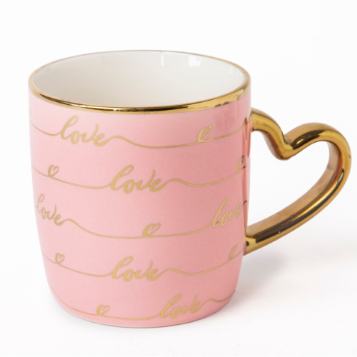 Heart Handle Ceramic Mug with Gold Heart Handle 350ml Assorted Designs Mugs FabFinds Rose Pink