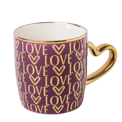 Heart Handle Ceramic Mug with Gold Heart Handle 350ml Assorted Designs Mugs FabFinds Wine
