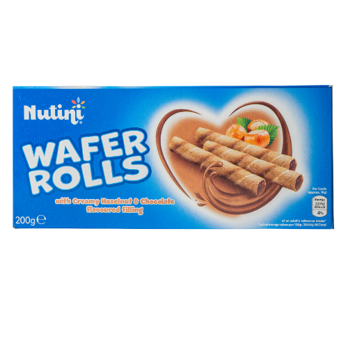 Nutini Wafer Rolls with Hazelnut & Chocolate Cream Filling 200g Biscuits & Cereal Bars Nutini Pack of 1