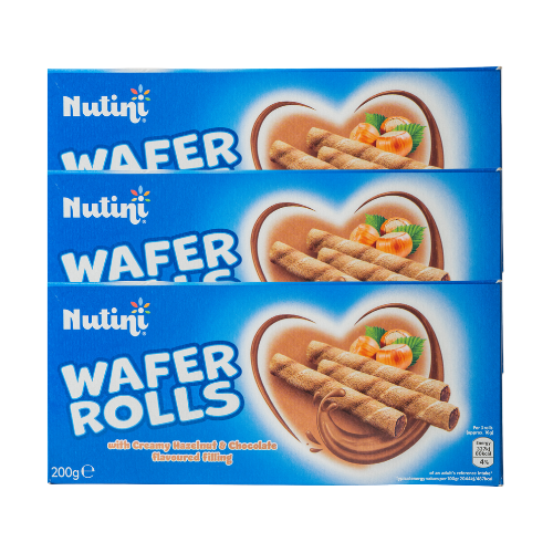 Nutini Wafer Rolls with Hazelnut & Chocolate Cream Filling 200g Biscuits & Cereal Bars Nutini Pack of 3