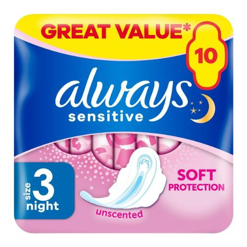 Always Sensitive Night Sanitary Towels 10 Pk Feminine Sanitary Supplies Always   