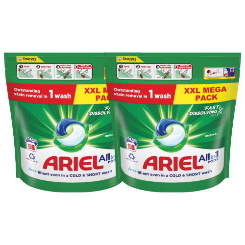 Ariel All-in-1 Pods Original 58 Washes Assorted Packs Fabric Stain Removers Ariel Pack of 2