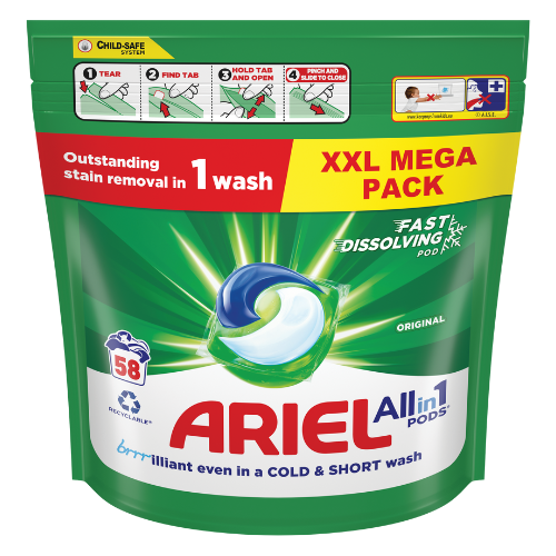 Ariel All-in-1 Pods Original 58 Washes Assorted Packs Fabric Stain Removers Ariel Pack of 1