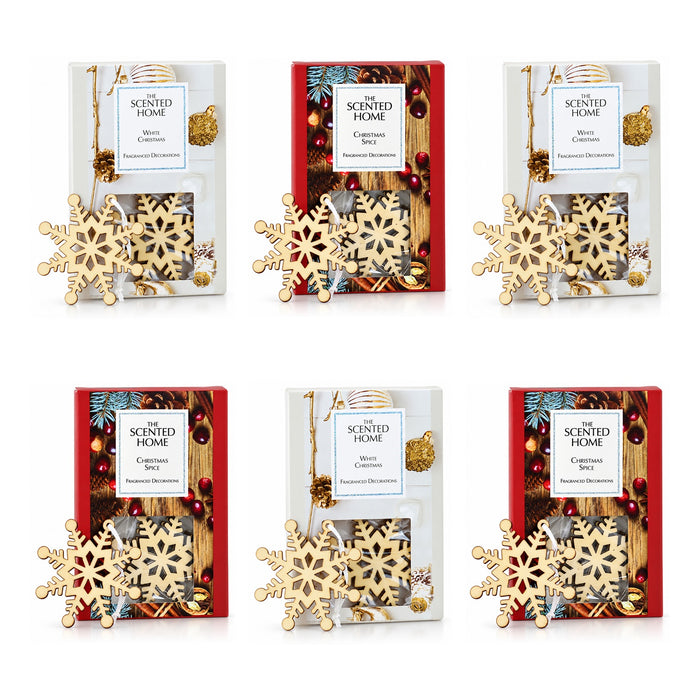Ashleigh & Burwood Wooden Hanging Snowflake Christmas Decorations White Christmas Set of 6 Assorted Packs Christmas Festive Decorations Ashleigh & Burwood Mixed Pack of 6 (3 White Christmas, 3 Christmas Spice)