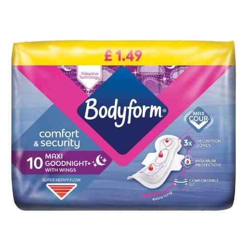 Bodyform Comfort & Security Maxi Goodnight With Wings Pads 10 Pk Feminine Sanitary Supplies Bodyform   