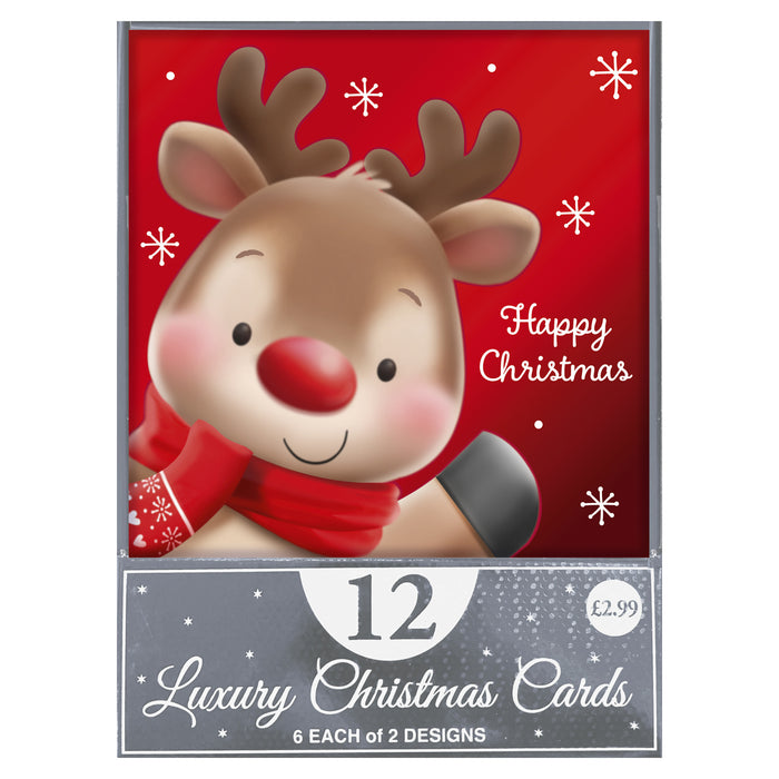 Christmas Cards 12 Pack Cute Characters Santa & Reindeer