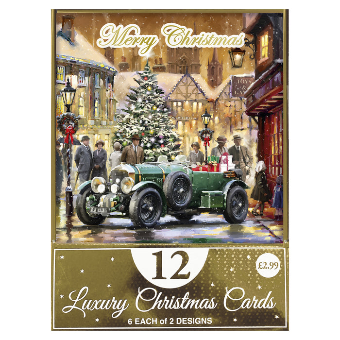 Christmas Cards 12 Pack Festive Town Scene Car & Tree