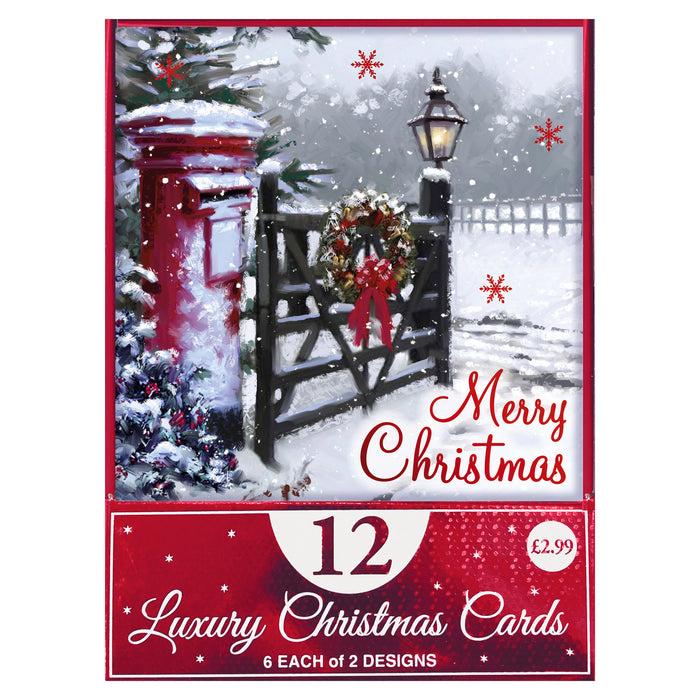 Christmas Cards 12 Pack Festive Village Snow Postbox Christmas Cards FabFinds