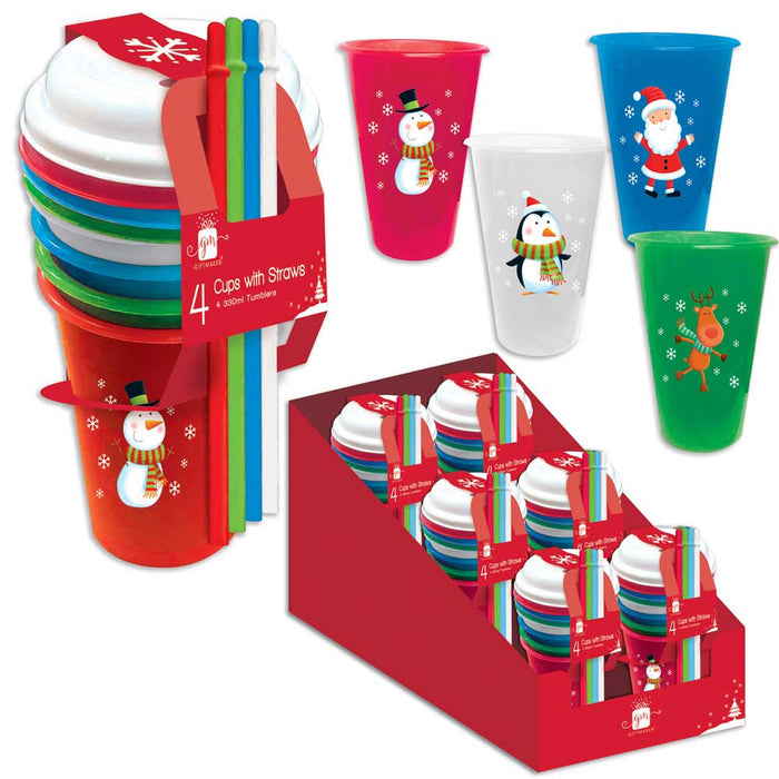 Christmas Cups With Lids & Straws 4 Pack Christmas Tableware FabFinds